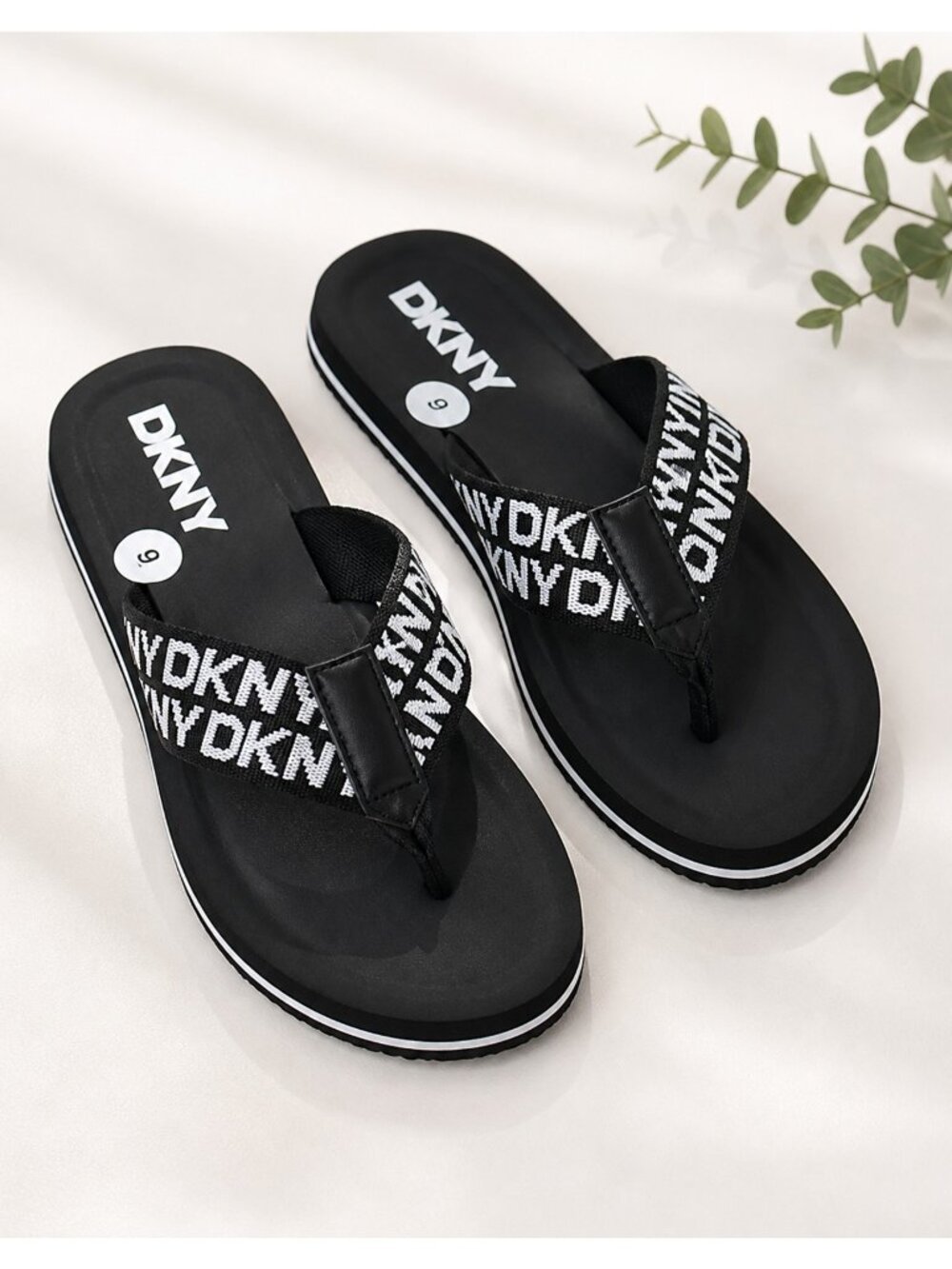DKNY Black Logo Flip Flops Sandals Size 9 Women NWT